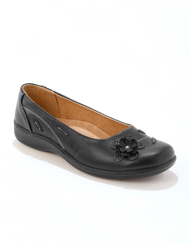 Ballerines en cuir à fleur appliquée largeur confort - noir (noir)