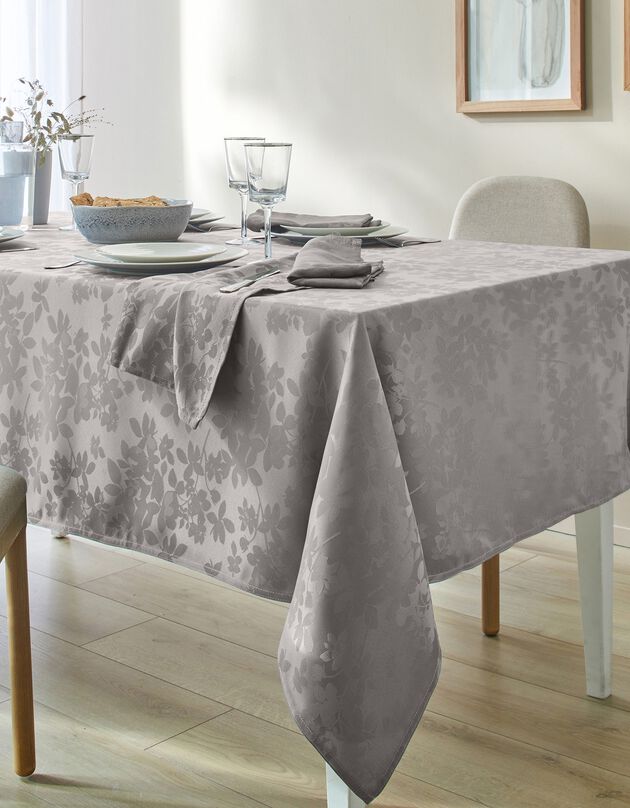 Damast tafellaken met bladerenprint Colombine® (parelgrijs)