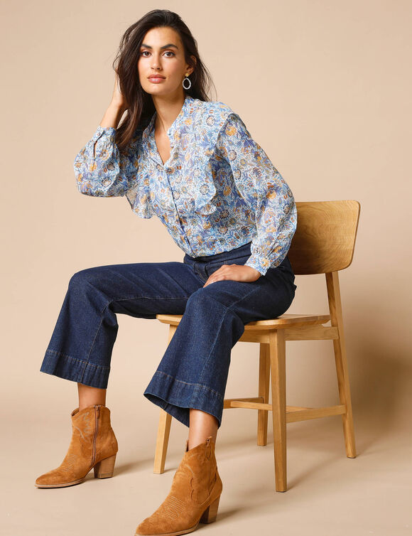 Bloes met stroken, bedrukte voile (ecru / blauw)