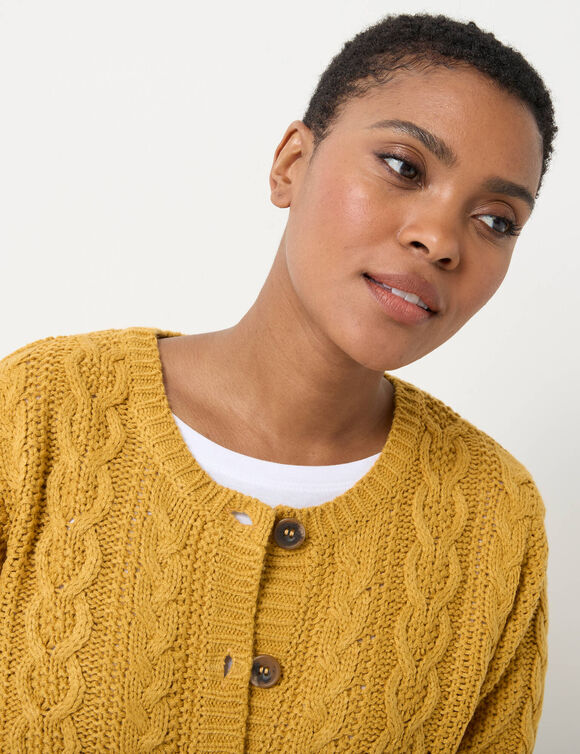 Cardigan boutonné, maille torsadée (curry)