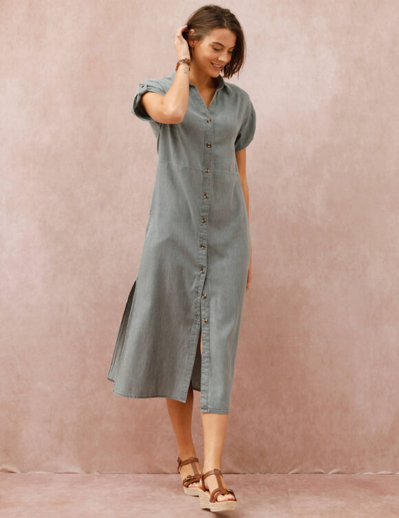 Robe-chemisier longue en jean, manches courtes (gris)