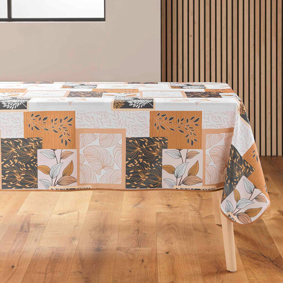 Nappe imprimé patchwork feuilles entretien facile (naturel)