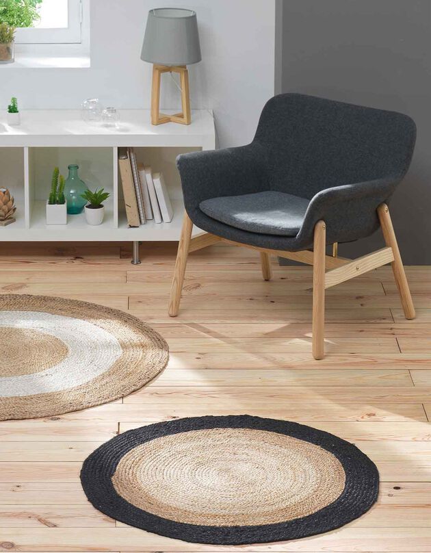 Tapis rond bicolore noir en jute (noir/beige)