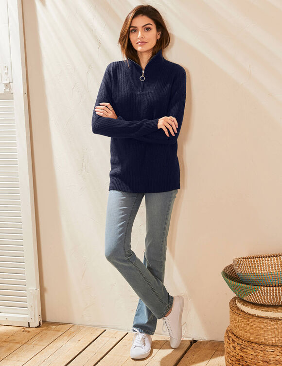 Trui in ribtricot met ritskraag (marine)