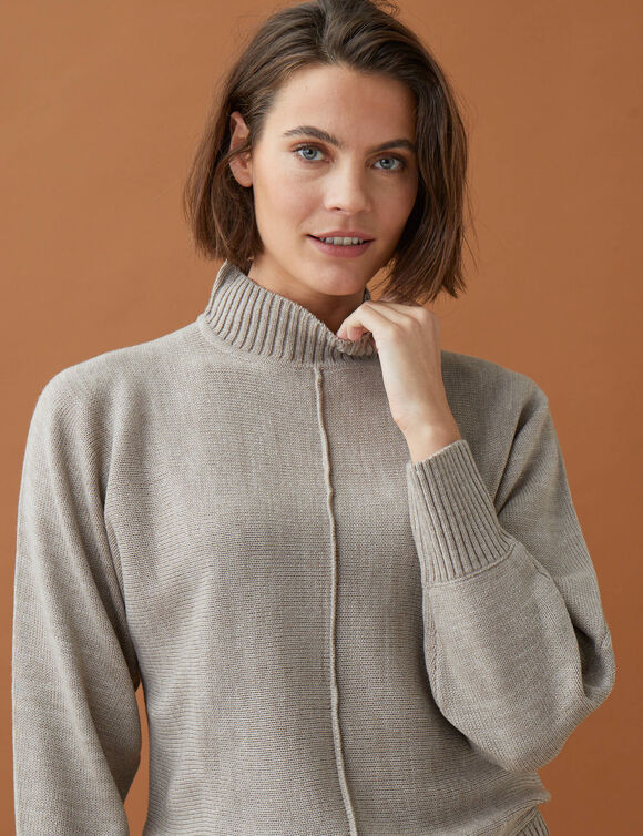 Pull &agrave; coutures apparentes manches chauve-souris, toucher doux (beige chin&eacute;)