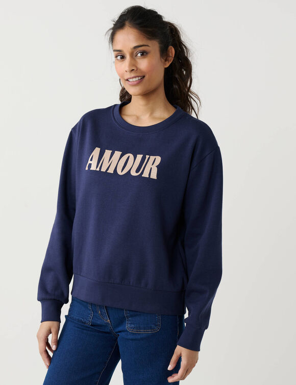 Sweat &agrave; message brillant Amour, en molleton gratt&eacute; (marine)
