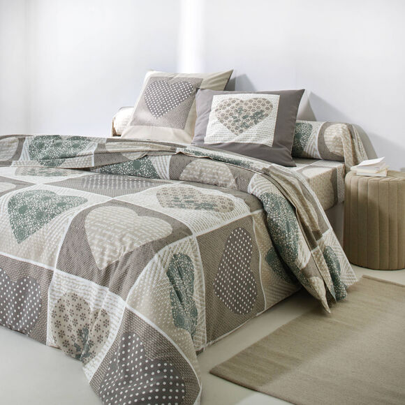 Linge de lit Lovely en coton imprim&eacute; coeurs (beige / vert)