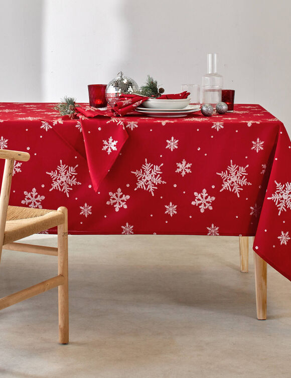 Tafellaken met zilverkleurige sneeuwvlokjesprint (rood / zilverkleurig)