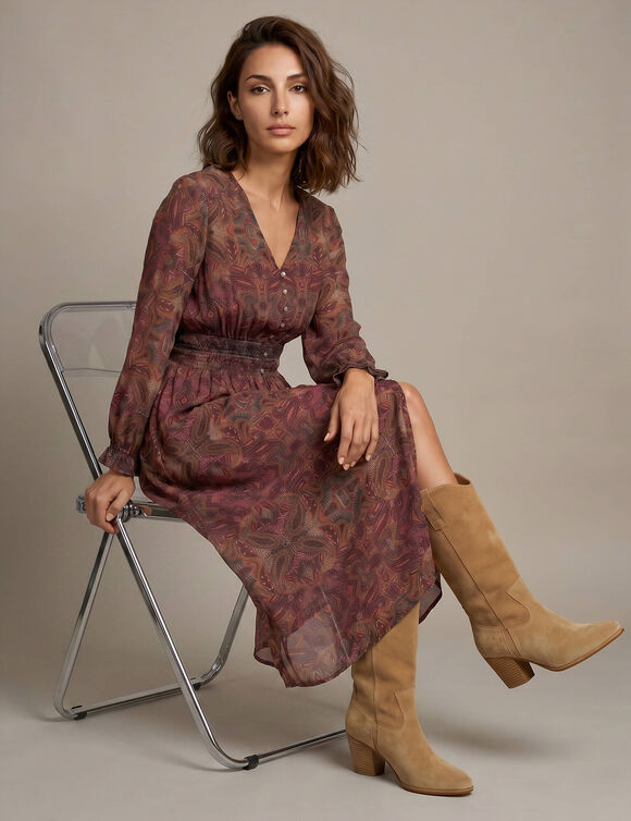 Robe longue boutonn&eacute;e imprim&eacute;e, taille smock&eacute;e (violet)
