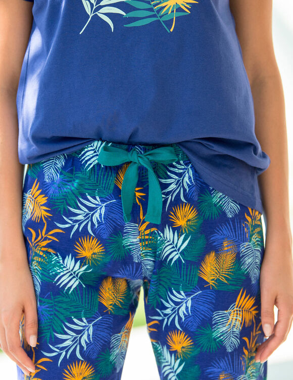 Pantacourt de pyjama en coton - imprimé tropical (bleu / safran)