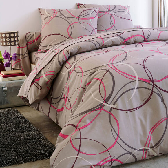 Bedlinnen No&eacute;mie in polykatoen met cirkelprint (grijstaupe)