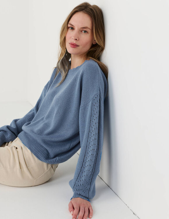 Trui met ronde hals en geschulpte afwerking (denim blauw)