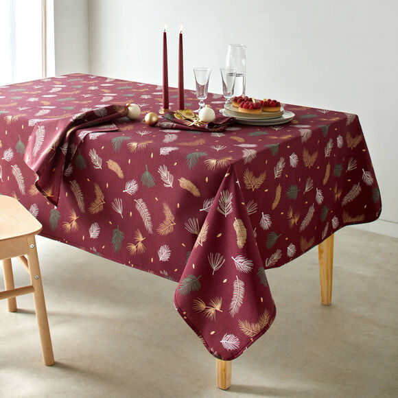 Tafellaken met goudkleurige bladerenprint (wijnrood)