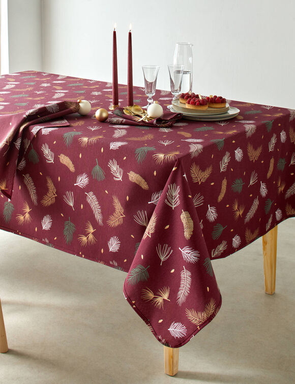 Tafellaken met goudkleurige bladerenprint (wijnrood)