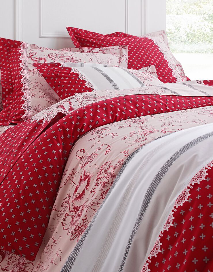Bedlinnen Gabrielle in katoen met stippen-, bloemen- en kantprint (rood)
