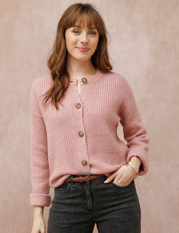 Cardigan boutonné maille anglaise manches longues (rose chiné)