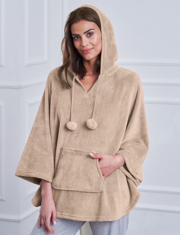 Poncho in fleece met pluchetouch en kap (beige)