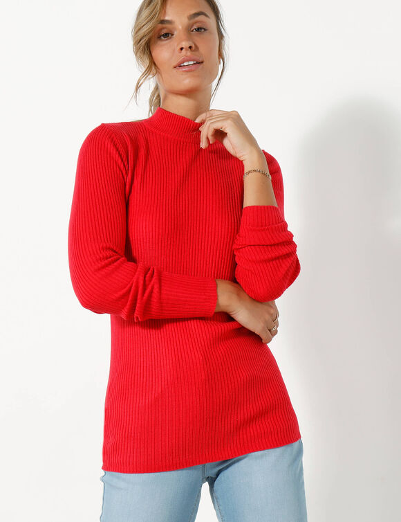 Pull col montant long, maille côtelée (rouge)