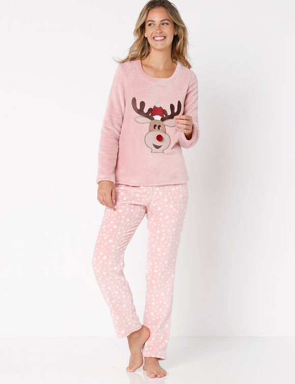 Pyjama manches longues maille polaire motif "renne"  (rose poudré)