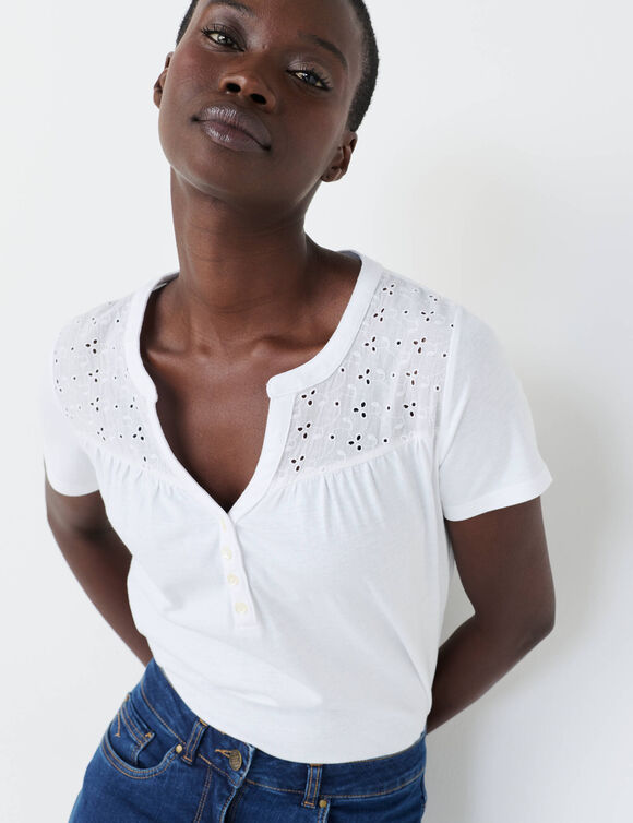 T-shirt met Tunesische hals en korte mouwen, broderie anglaise (wit)