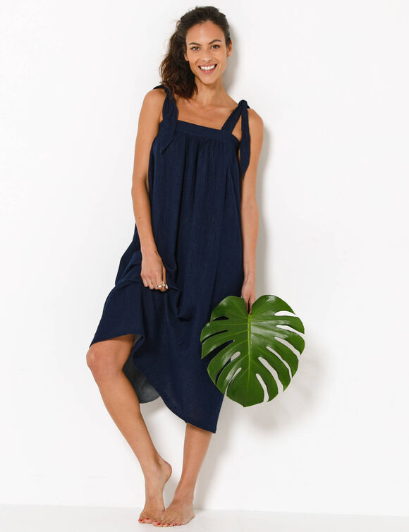 Robe housse &agrave; bretelles nou&eacute;es effet denim, gaze de coton (indigo)