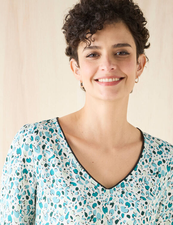 Tunique imprimé minimaliste, crêpe (écru / vert)