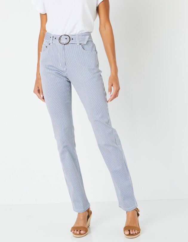 Pantalon rayé stretch coupe droite, spécial petites (bleu / blanc)