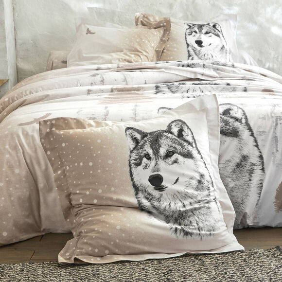 Bedlinnen Artic in katoen met hond-wolf print (taupe)