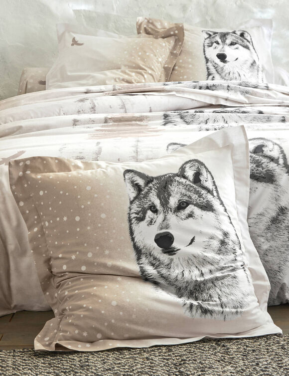 Bedlinnen Artic in katoen met hond-wolf print (taupe)