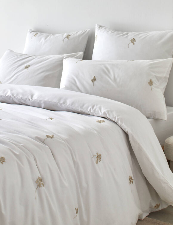 Linge de lit blanc brod&eacute; fleurs - coton 57 fils/cm&sup2; (blanc)