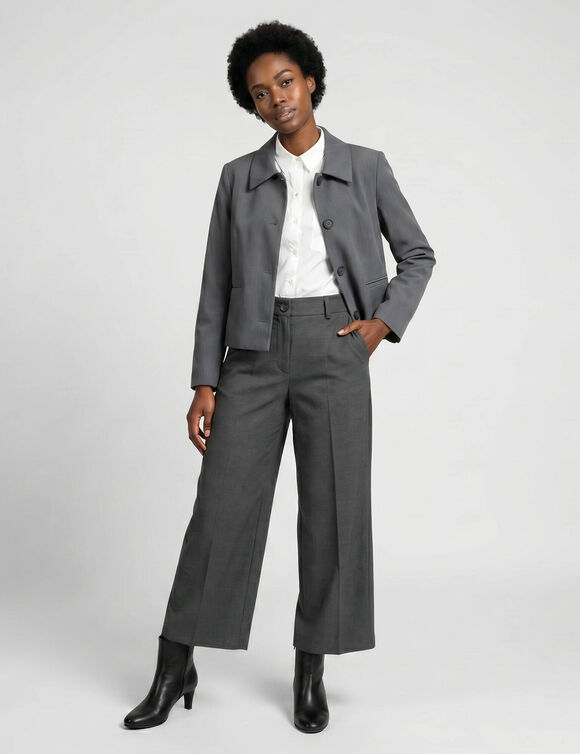 Pantalon taille haute, effet jupe-culotte (gris chin&eacute;)