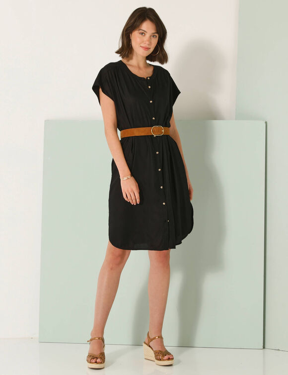 Robe courte boutonnée unie, fluide (noir)