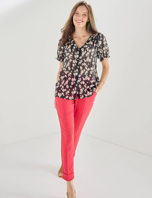 Chemisier manches blousantes imprim&eacute; floral, voile jacquard (noir / &eacute;cru)