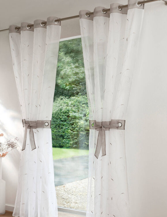 Paneelgordijn in voile, geborduurde blaadjes (grijs / wit)