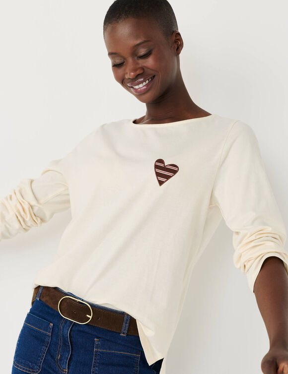 T-shirt marini&egrave;re manches longues, brod&eacute; "c&oelig;ur" uni ou imprim&eacute; l&eacute;opard (&eacute;cru)