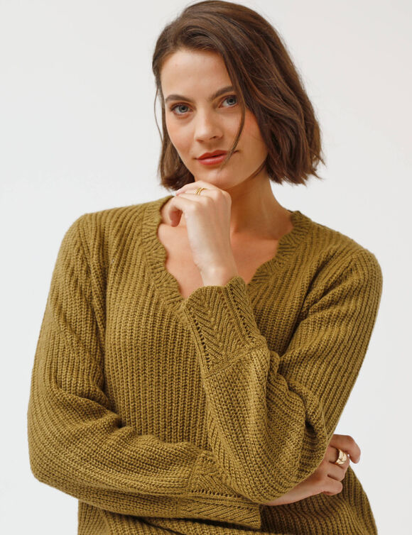Trui met V-hals, patenttricot (olijfgroen)