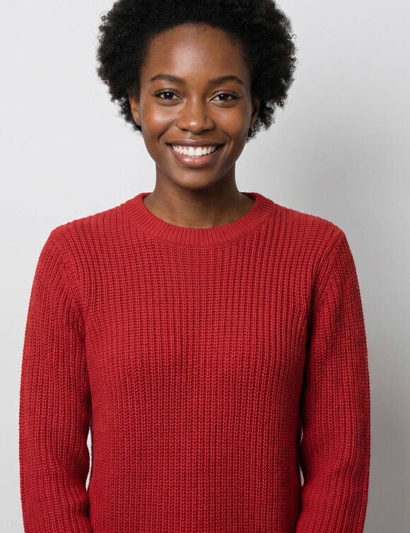 Pull tunique &eacute;vas&eacute; col rond, maille anglaise (framboise)