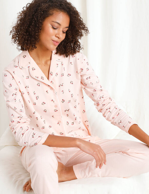 Pyjama met tulpenprint, reverskraag en lange mouwen (koraal)