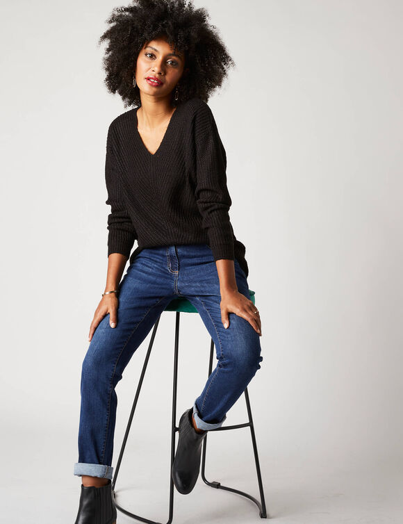 Pull col V, maille anglaise toucher doux (noir)