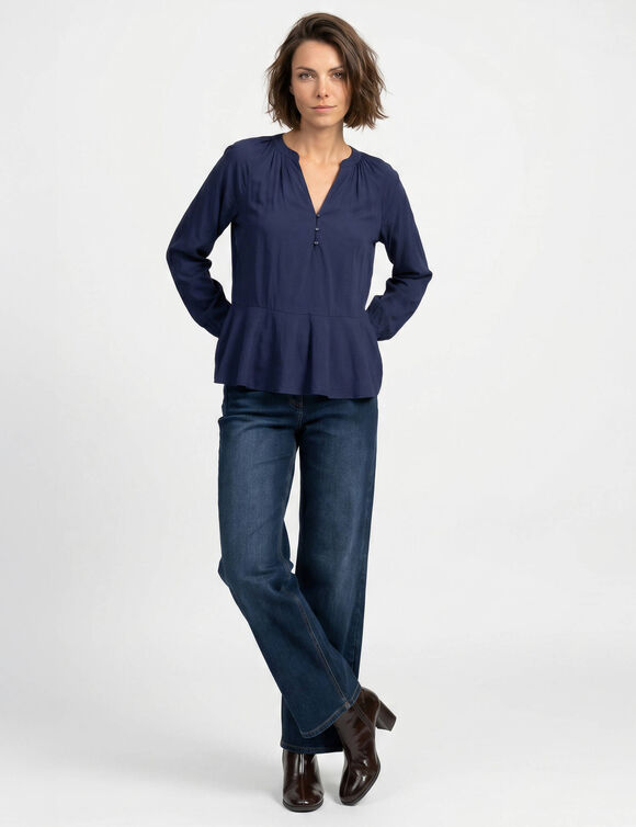 Blouse unie &agrave; basque volant&eacute;e, manches longues amples (bleu encre)