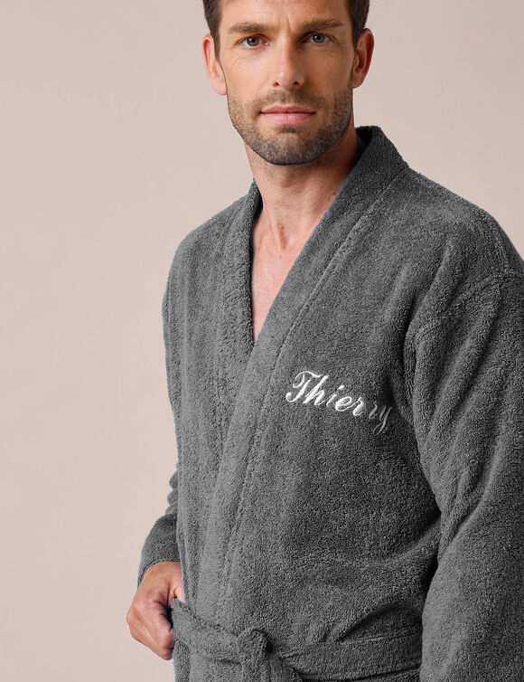 Peignoir mixte adulte uni coton éponge bouclette col kimono personnalisé (anthracite)