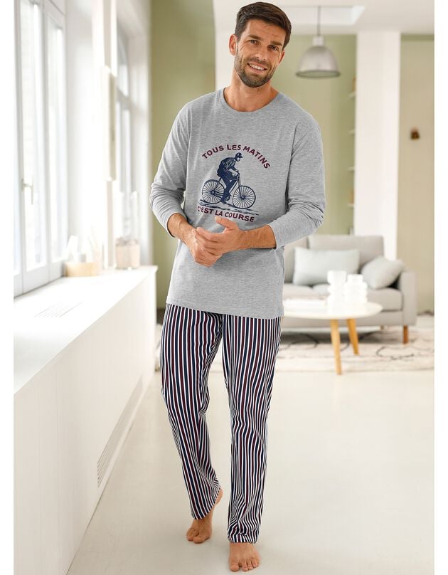 Pyjama met fietser- en letterprint, lange mouwen (chiné grijs / bordeaux)