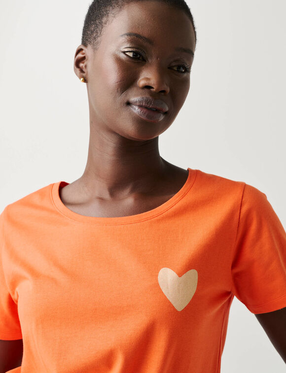 T-shirt met ronde hals, effen met goudkleurig hart (oranje)