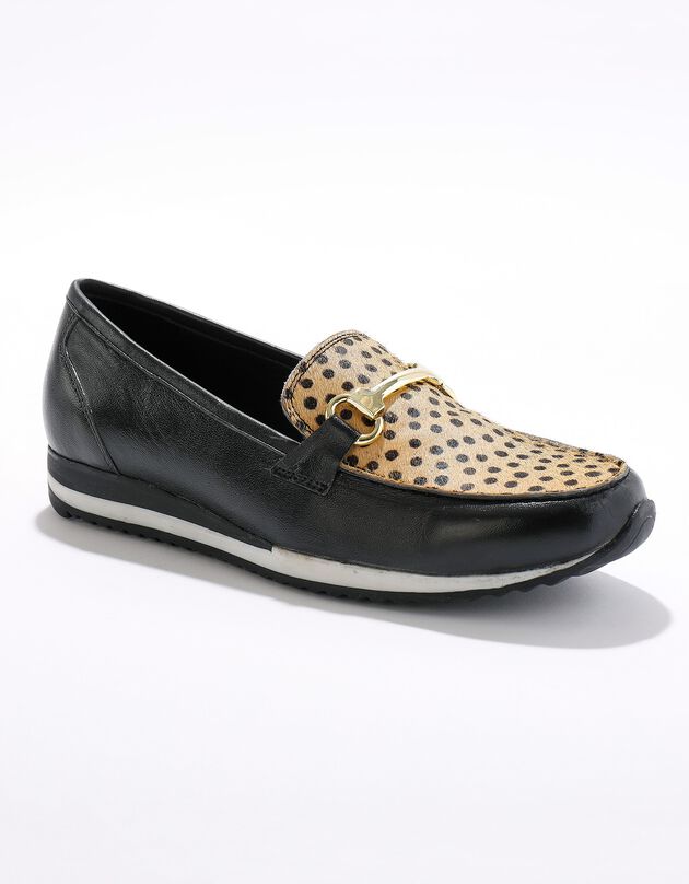 Mocassins met sleehak, in soepel leer met comfortbreedte - zwart/luipaardprint (zwart)
