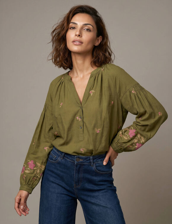 Blouse flanelle, manches 7/8, imprim&eacute; effet broderie (bronze)