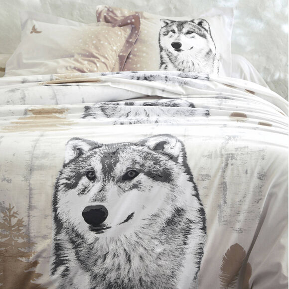 Bedlinnen Artic in katoen met hond-wolf print (taupe)
