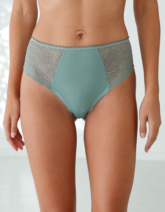 Tangaslip met hoge taille in microvezel en rekbare kant - set van 2 (lichtkaki)