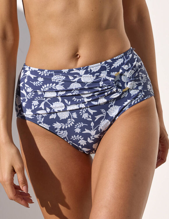 Bas de maillot de bain taille haute drap&eacute; imprim&eacute; Saglia (marine / &eacute;cru)