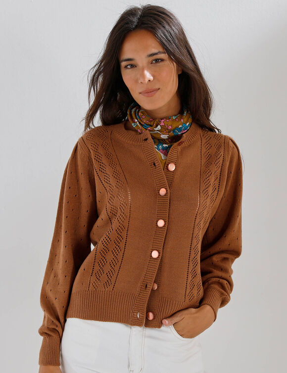 Cardigan boutonn&eacute;, maille ajour&eacute;e (caramel)