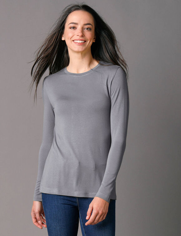 T-shirt uni col rond stretch (gris)